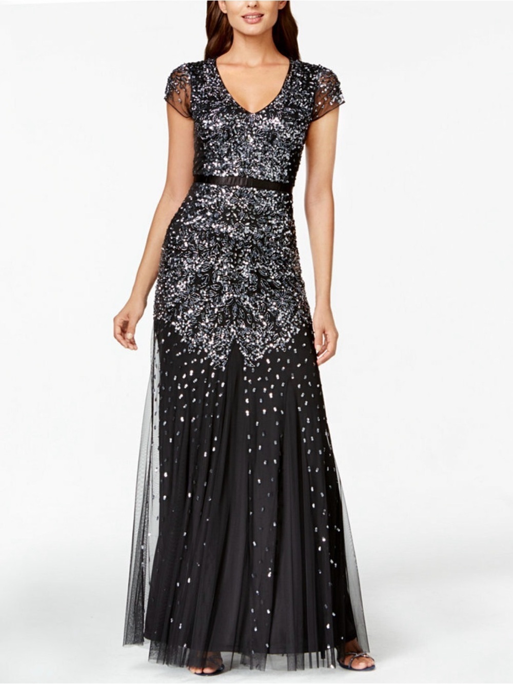 NWT Adrianna Papell Black Gray Cap-Sleeve Beaded Formal Evening Gown Dress Sz 4